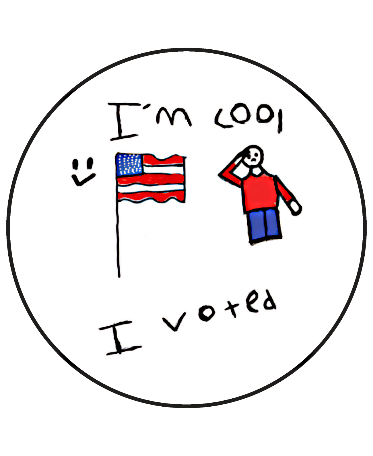 This sticker says "I'm cool I voted" A stick figure is saluting an American flag