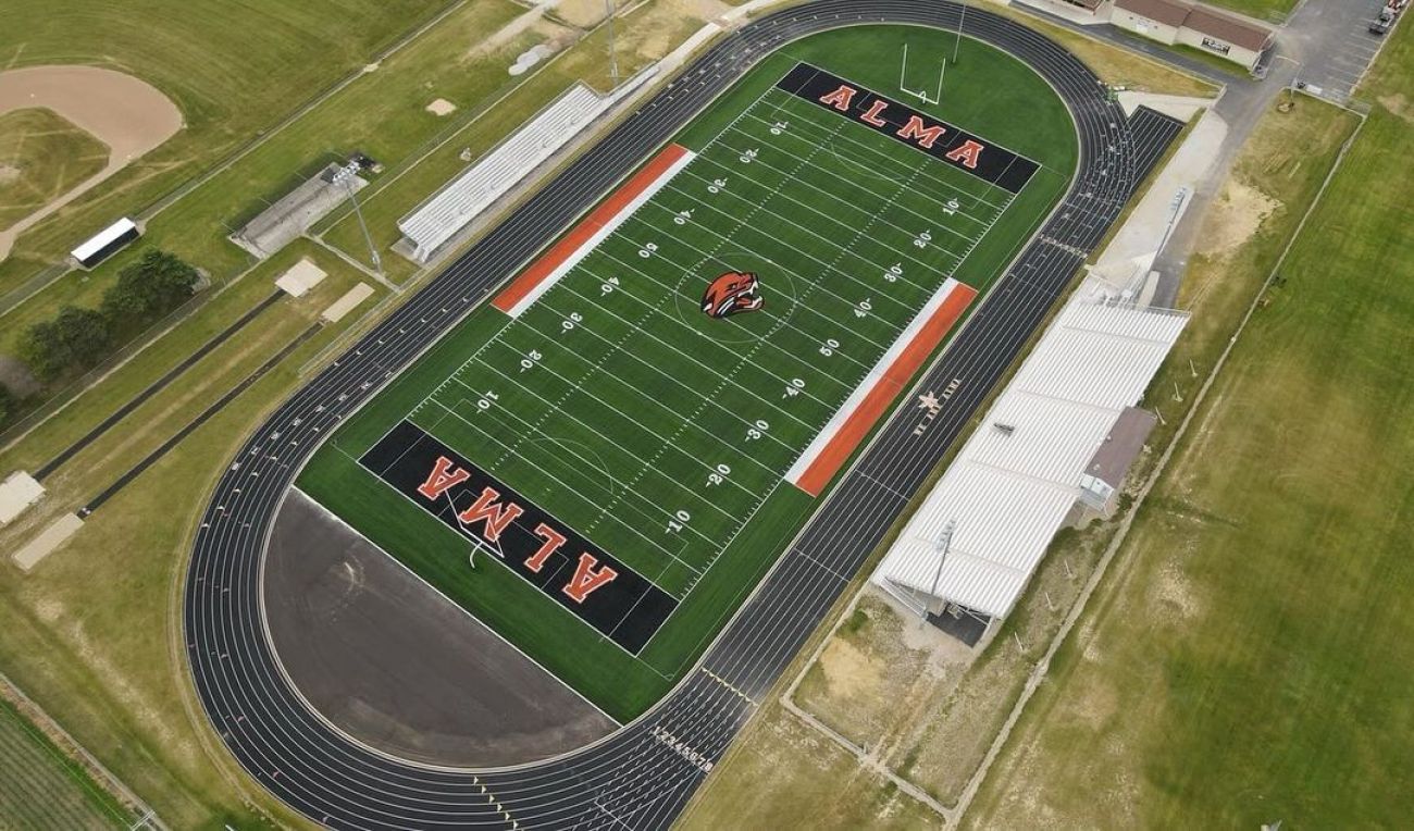 An aerial view of the Alma High School football field in Michigan