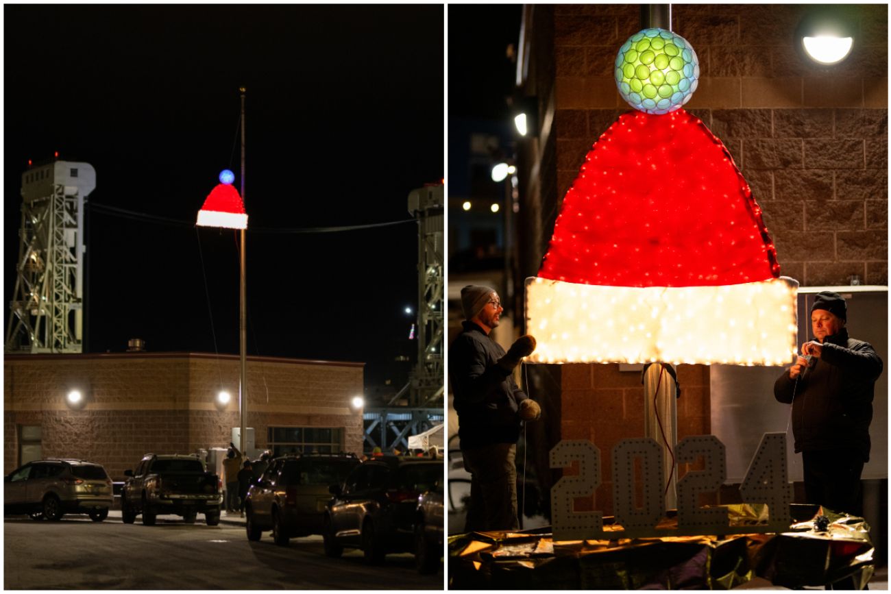 Left photo: The electric Chook in suspended in the air Right: A close up of the chook, a red winter hat