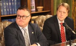  House Minority Leader Matt Hall, R-Richland Township, and Senate Minority Leader Aric Nesbitt, R-Porter Township, sitting at a table.