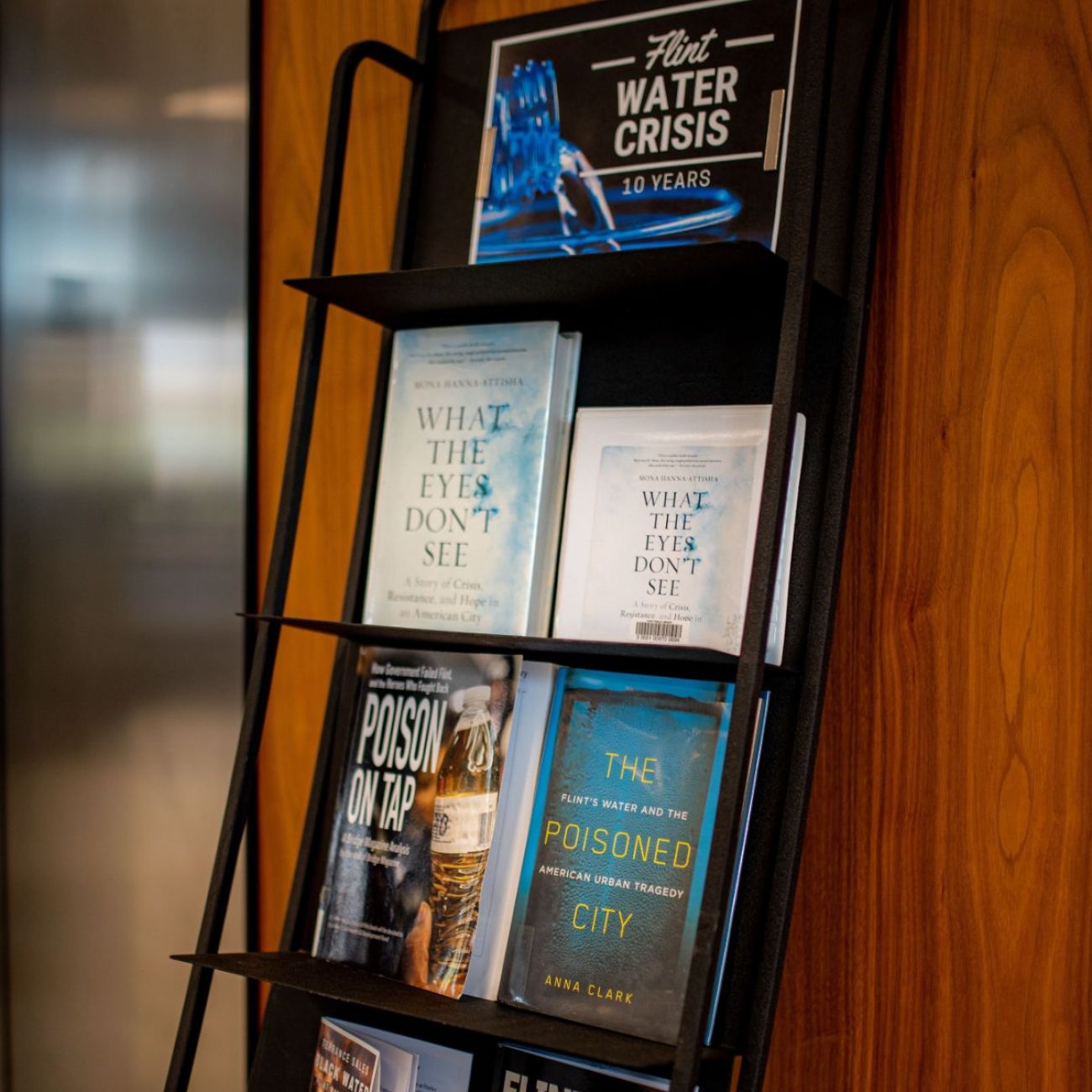 list of books about the Flint Water Crisis on a shelf