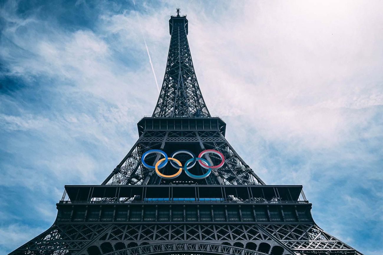 The Olympic Rings installed on the Eiffel Tower ahead of the Paris 2024 Olympic Games.