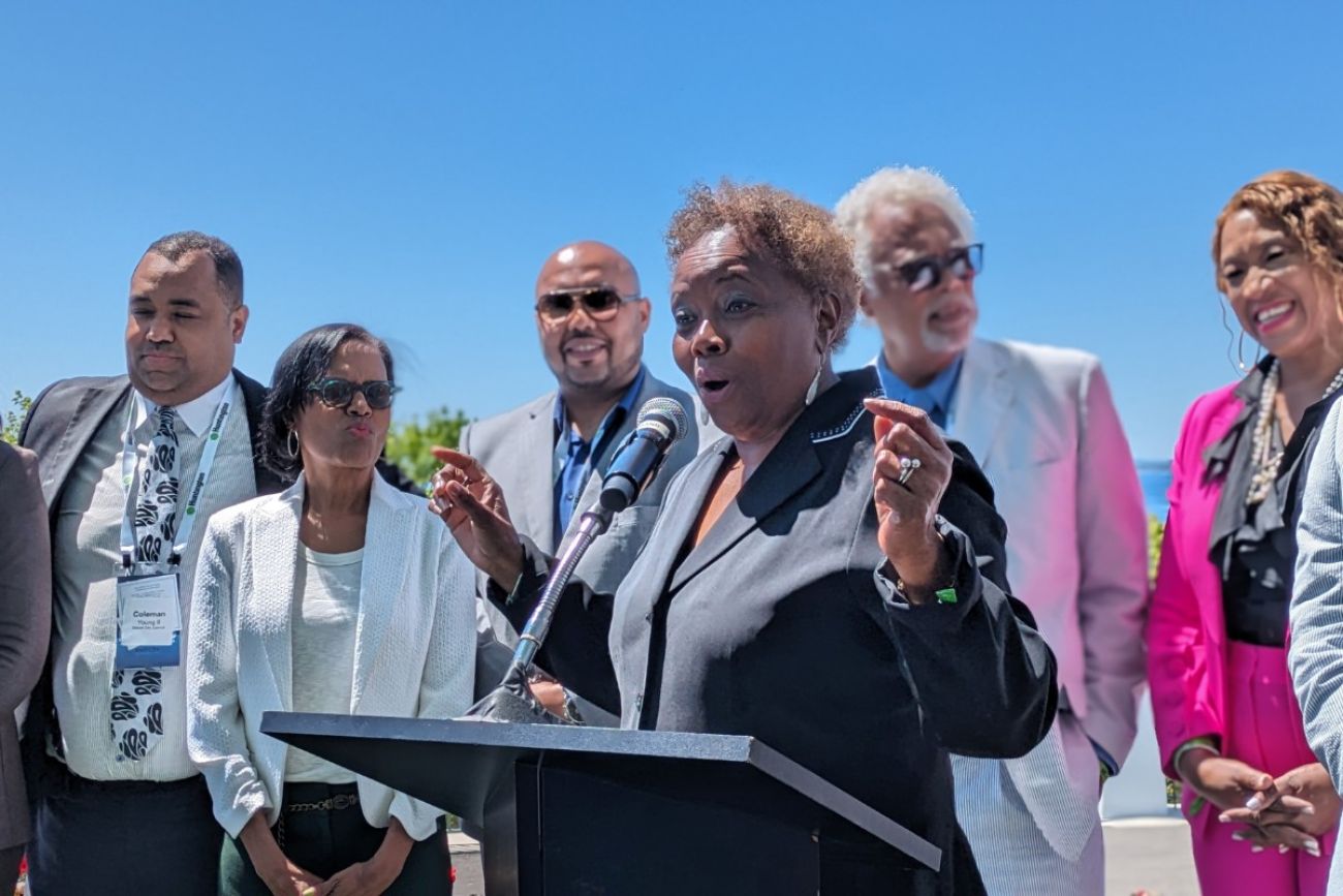 Detroit City Council member Mary Waters speaks into a microphone