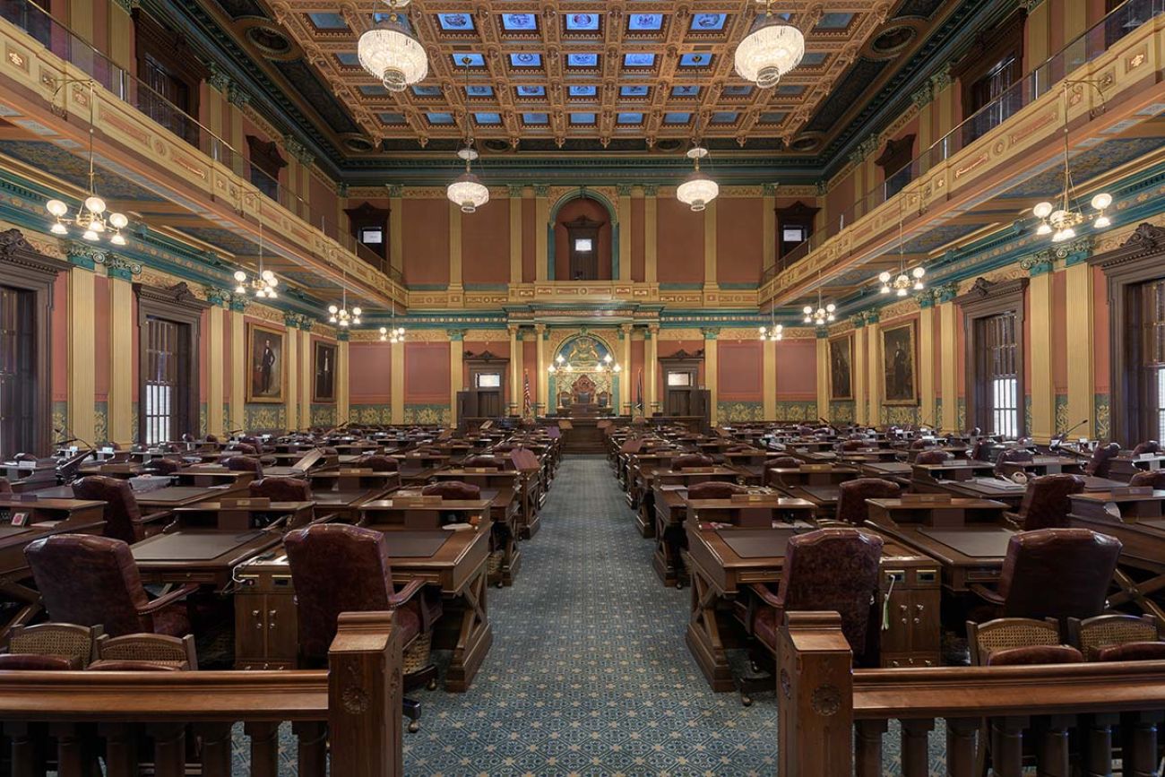 empty House of Representatives chamber at the Michigan State Capitol building