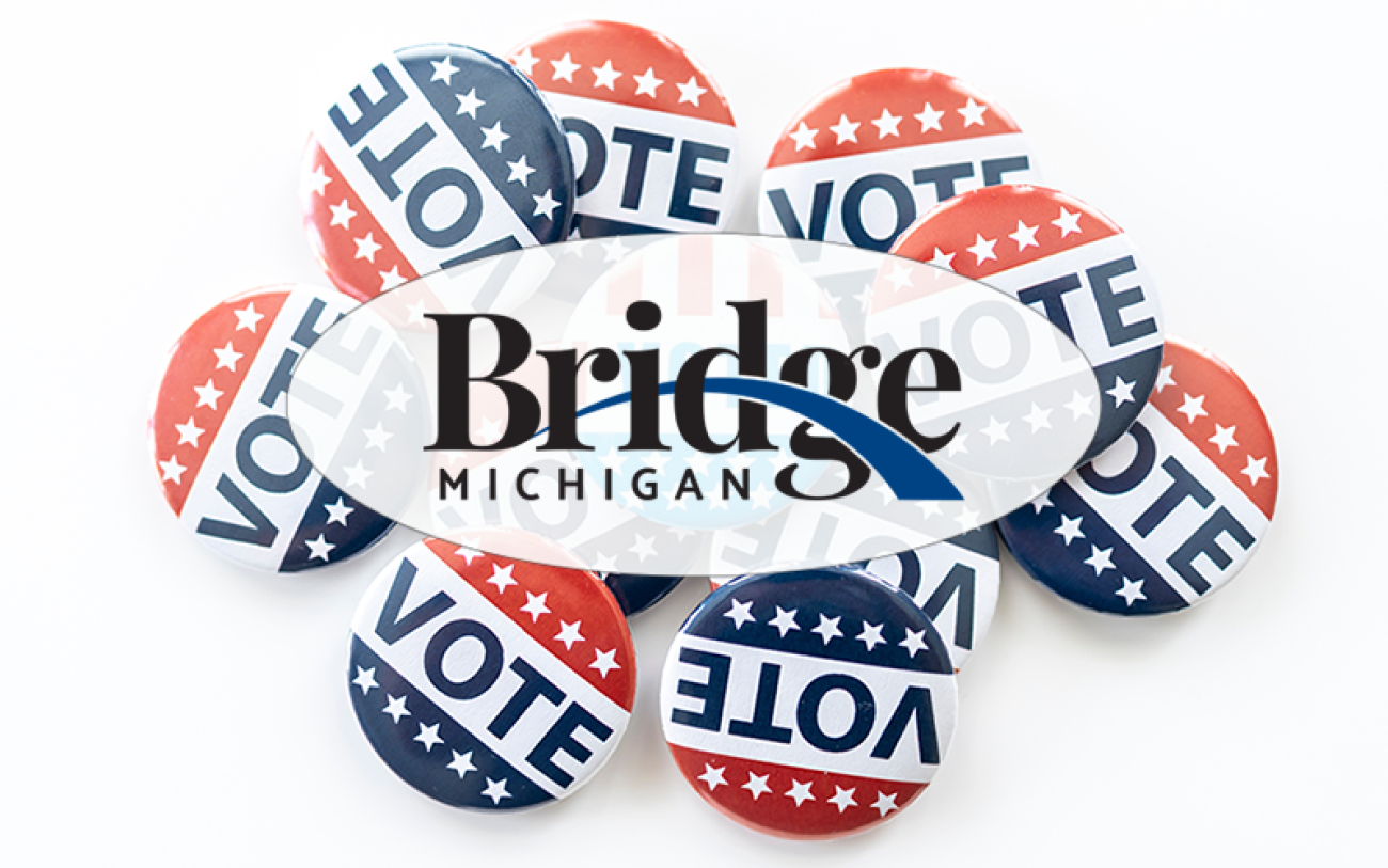 Bridge Michigan logo, with vote buttons behind it 