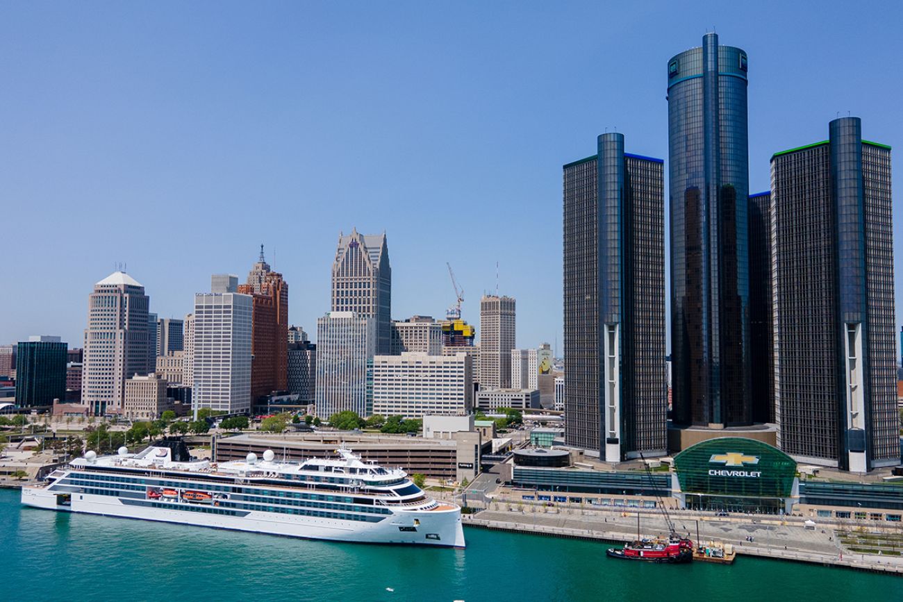 Aerial view of the famous cruise ship Viking Octantis docked in front of the Renaissance Center as part of its tours of the Great Lakes