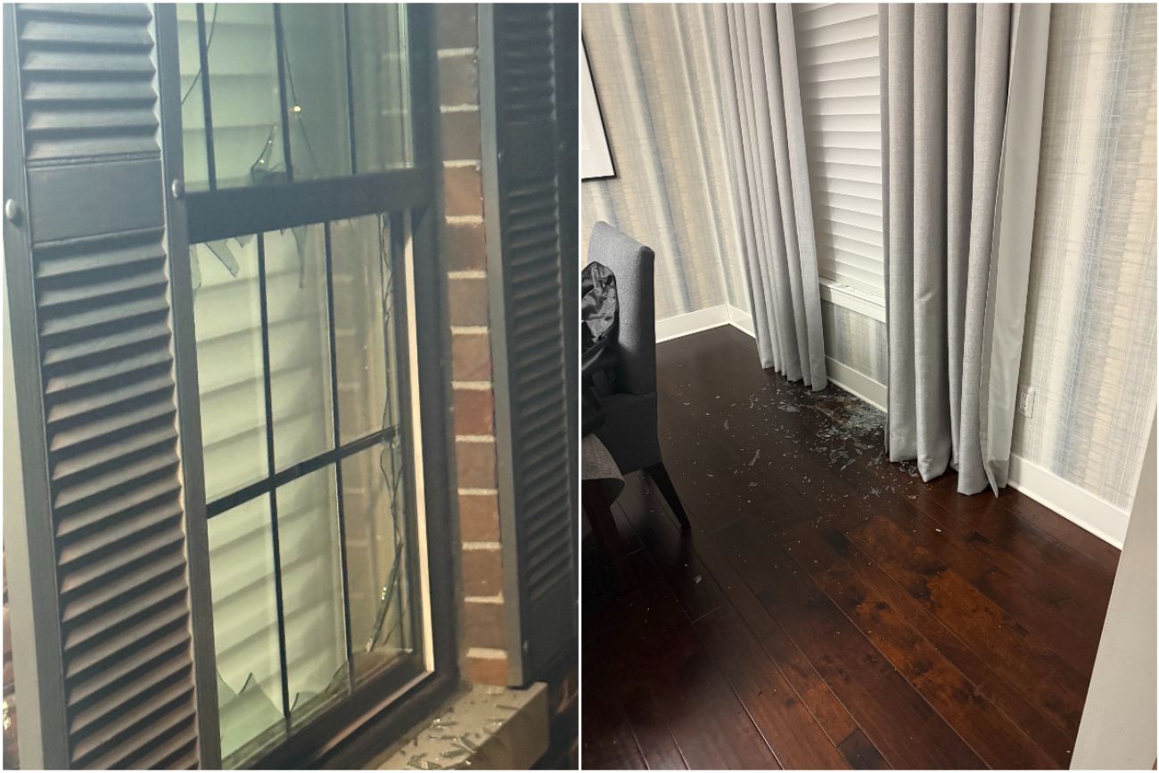 Two photos of broken windows