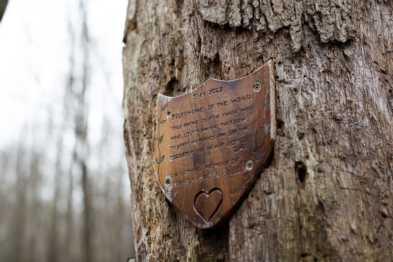 A plaque on tree for a wind phone