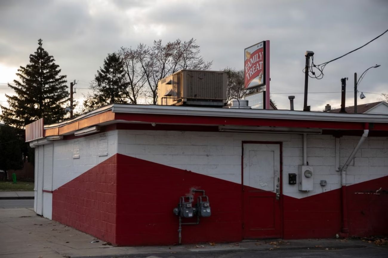 Family Treat in the Springwells neighborhood of Detroit; it's a red and white building