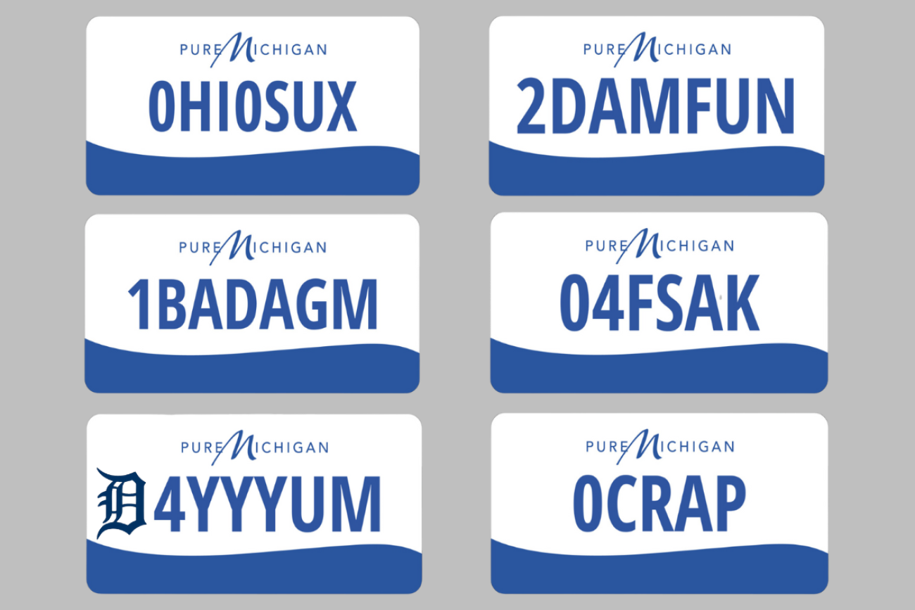 A graphic of the banned license plates in Michigan including, "0CRAP" and "OHIOSUX"