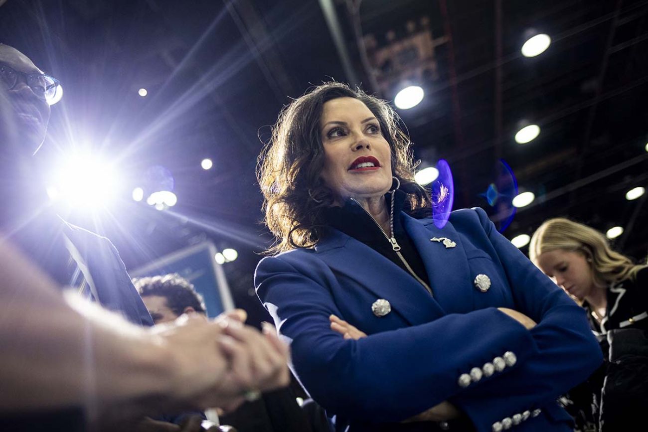 Gov. Gretchen Whitmer wearing a blue jacket. 