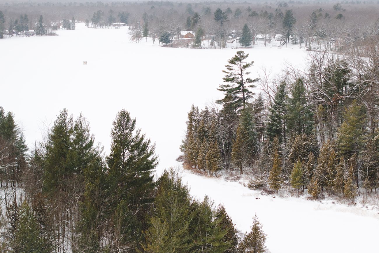 An aerial photo of Woodland Park, a snowy area. 