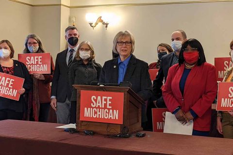 Sen. Rosemary Bayer and other Democrats at a press conference