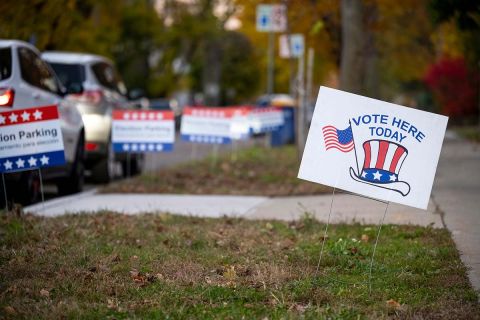 A "vote here today" sign outside a polling station on Election Day