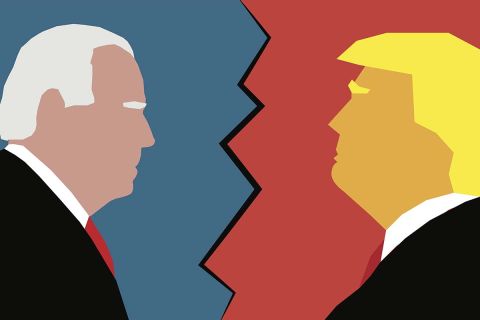 Character Illustration of Joe Biden facing Donald Trump