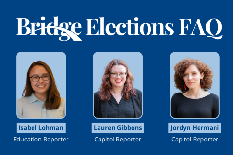 Women's headshots under graphic saying "Bridge Elections FAQ"