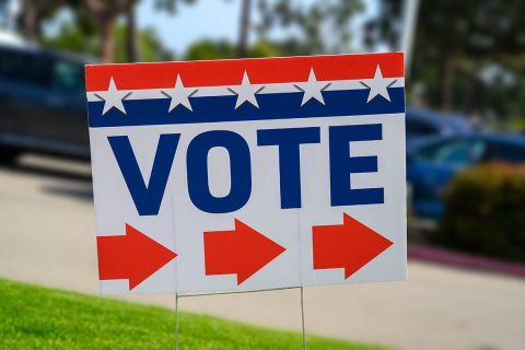 A VOTE sign at a polling place on green grass near a parking lot