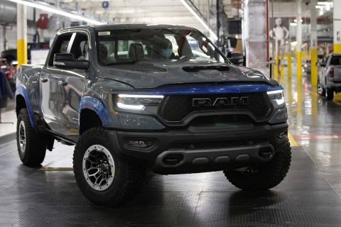 A blue electrified Dodge Ram 1500 REV