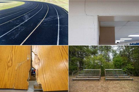 Four different photos at Hale Area Schools : top left, stains on the track, top right, cracks in the walls, bottom left, a broken gymnasium door, and, bottom right, the visitor’s bleachers at the football field.