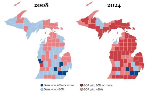 Left, 2008 map of the presidential map in Michigan; 2024 map of the presidential map in Michigan