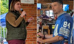 Elissa Slotkin at a campaign event and Tom Barrett in a Lions jersey