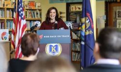 Gov. Gretchen Whitmer at a press conference in a school