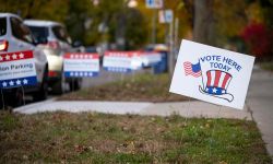 A "vote here today" sign outside a polling station on Election Day