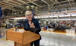 U.S. Secretary of Energy Jennifer Granholm speaking into a microphone