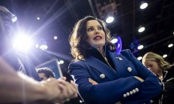 Gov. Gretchen Whitmer wearing a blue jacket. 