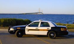 Mackinac County Sheriff’s Department cruiser. You can see the Mackinac Bridge in the background. 